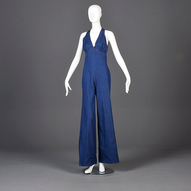 1970s Sexy Backless Denim Bell Bottom Jumpsuit