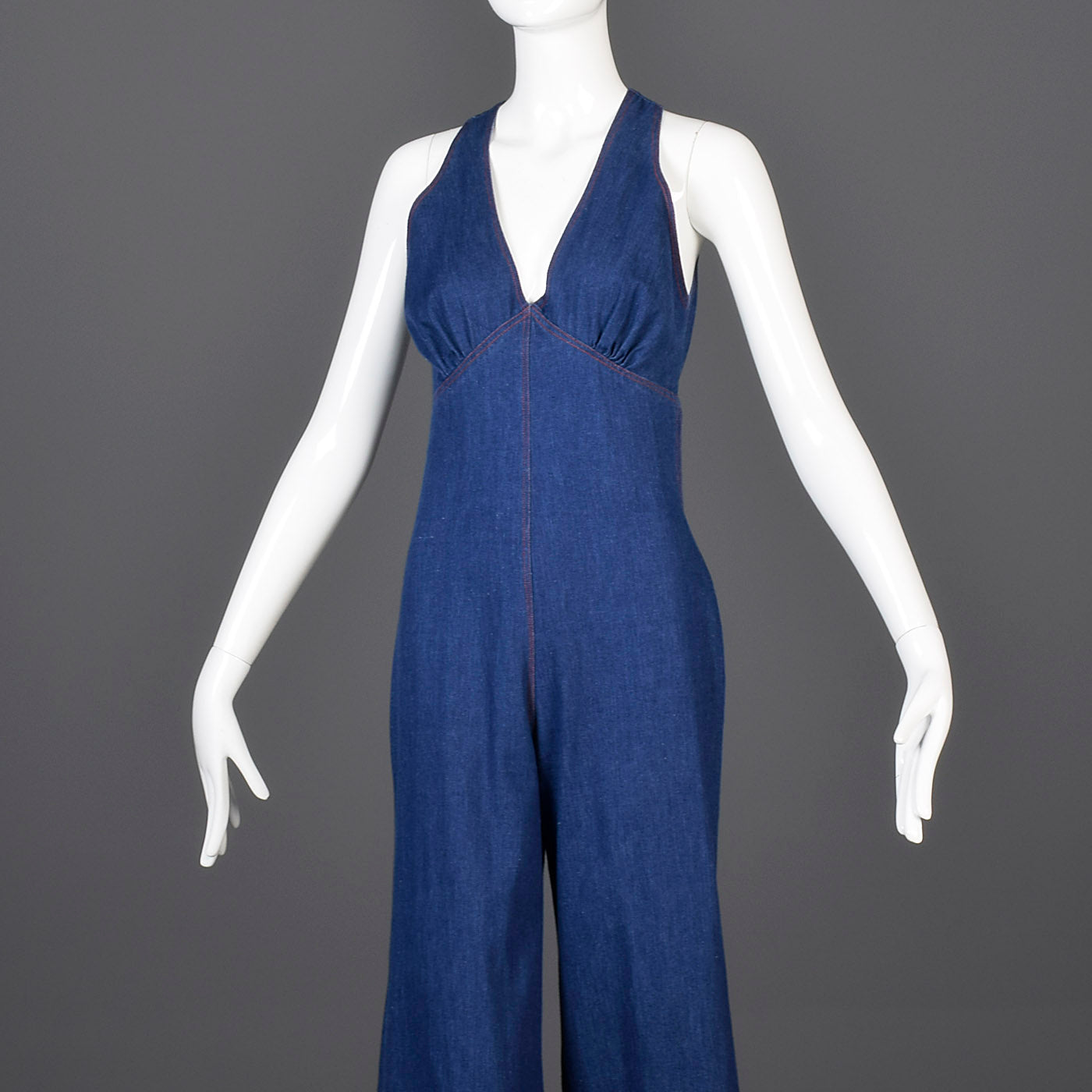1970s Sexy Backless Denim Bell Bottom Jumpsuit