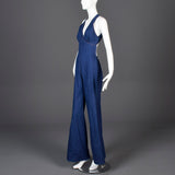 1970s Sexy Backless Denim Bell Bottom Jumpsuit