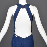 1970s Sexy Backless Denim Bell Bottom Jumpsuit