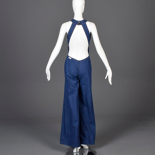 1970s Sexy Backless Denim Bell Bottom Jumpsuit