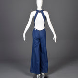 1970s Sexy Backless Denim Bell Bottom Jumpsuit