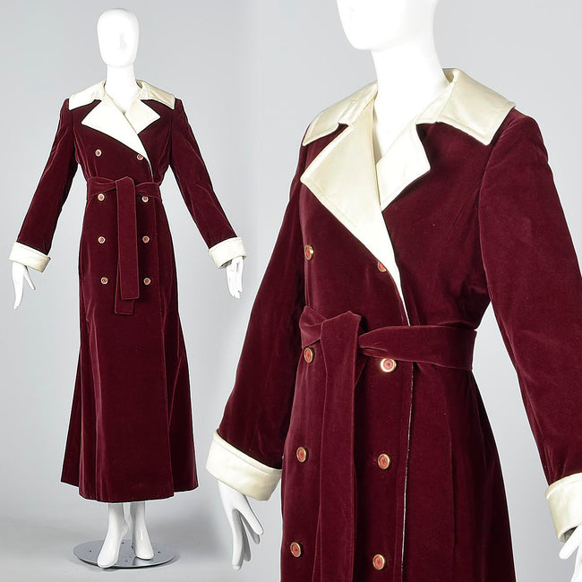 1970s Burgundy Velvet Maxi Coat