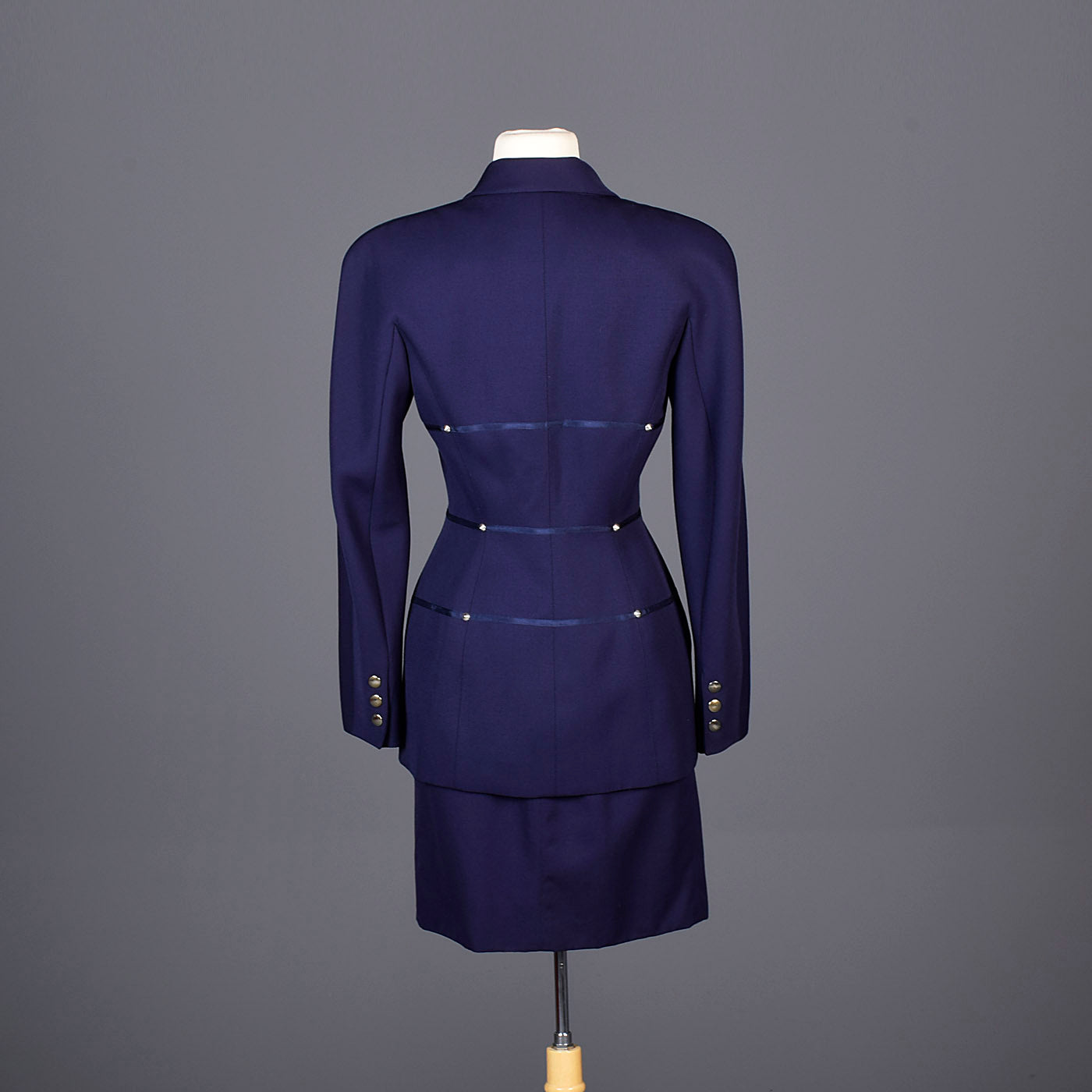 1980s Claude Montana Femme Fatale Hourglass Skirt Suit in Navy Blue