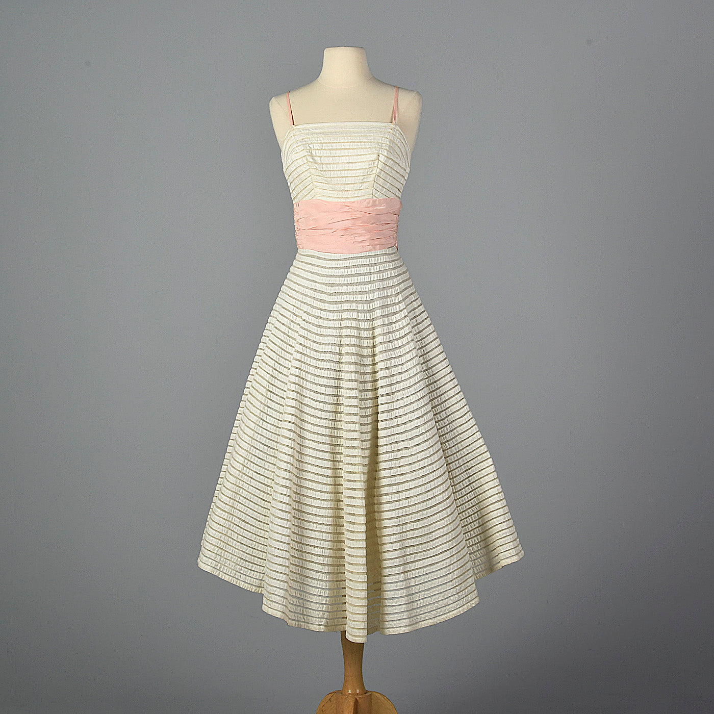 1950s White Party Dress with Sheer Mesh Stripes