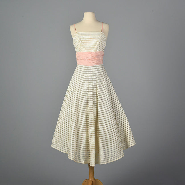 1950s White Party Dress with Sheer Mesh Stripes