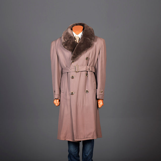 1940s Mens Taupe Gabardine Overcoat with Faux Fur Collar