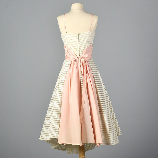 1950s White Party Dress with Sheer Mesh Stripes