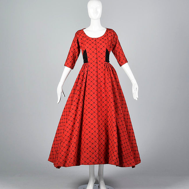 1950s Red Party Dress with Black Taffeta Bow