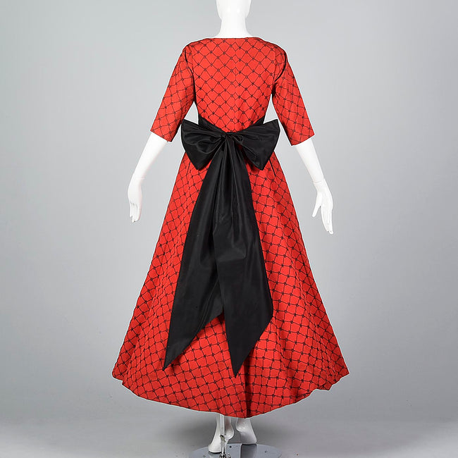 1950s Red Party Dress with Black Taffeta Bow