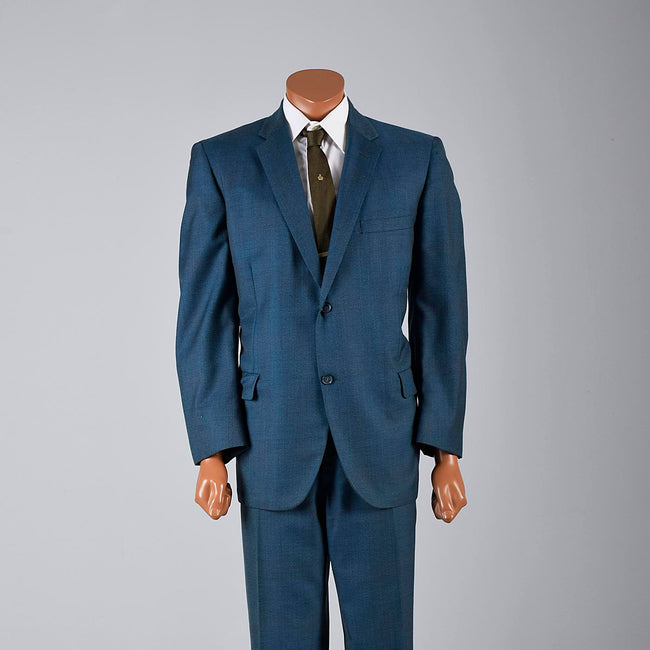 1960s Men's Three Piece Suit Teal Blue Sharkskin with Red Windowpane