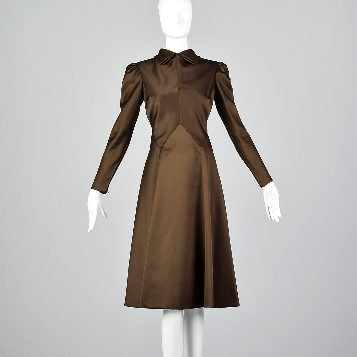 1970s Pauline Trigere Brown Satin Dress