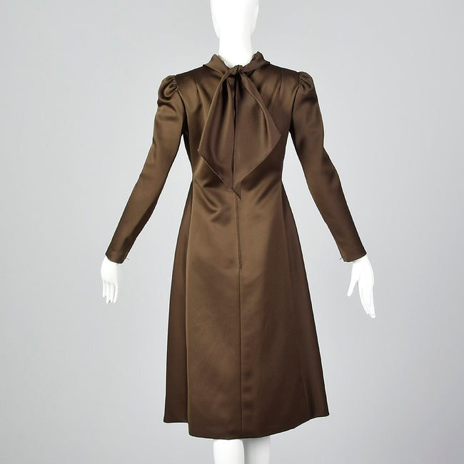 1970s Pauline Trigere Brown Satin Dress