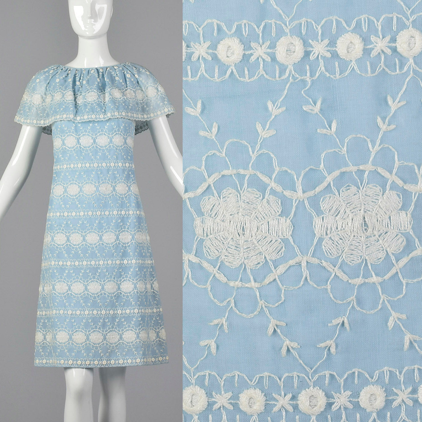 1960s Baby Blue Dress with White Embroidery