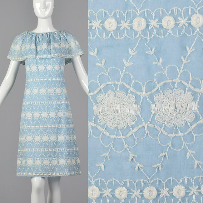 1960s Baby Blue Dress with White Embroidery