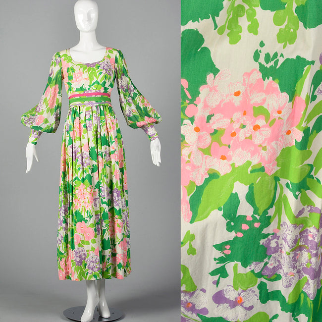 1970s Floral Maxi Dress with Bishop Sleeves