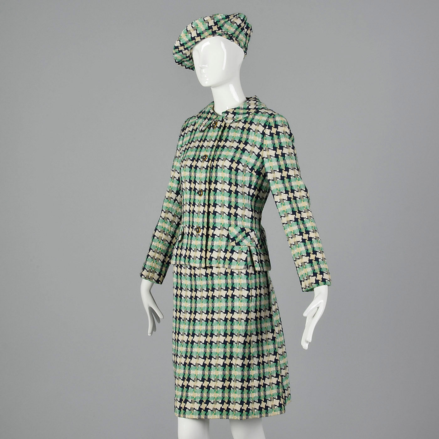 1960s I. Magnin Tweed Dress with Matching Jacket, Scarf, and Beret