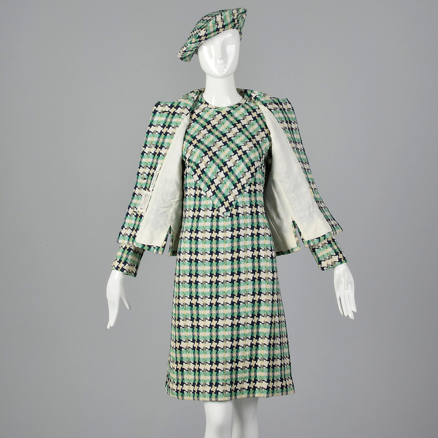 1960s I. Magnin Tweed Dress with Matching Jacket, Scarf, and Beret