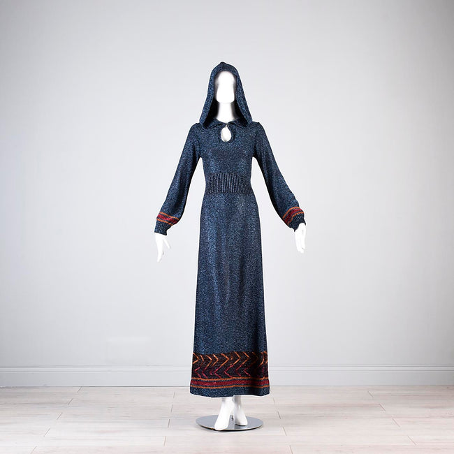 1970s Iconic Hooded Maxi Dress in Metallic Blue Knit