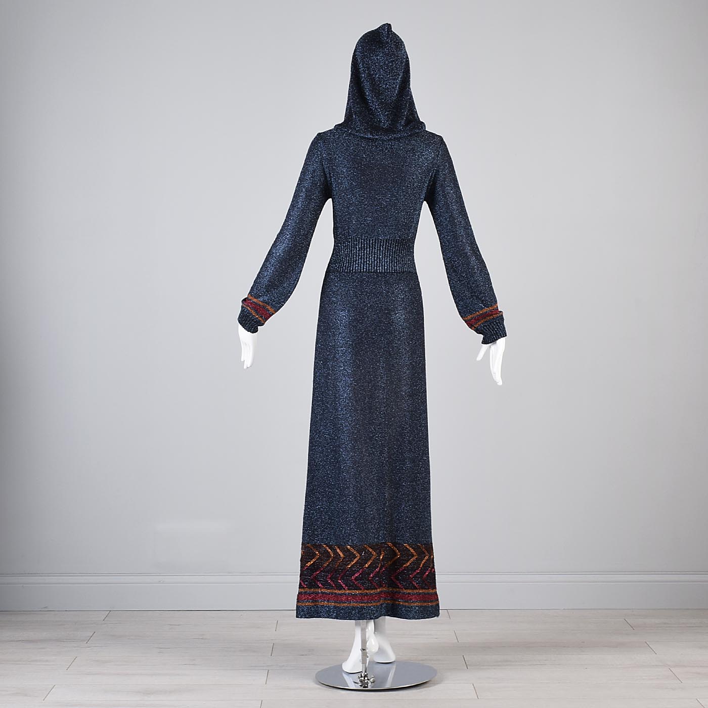 1970s Iconic Hooded Maxi Dress in Metallic Blue Knit