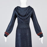 1970s Iconic Hooded Maxi Dress in Metallic Blue Knit