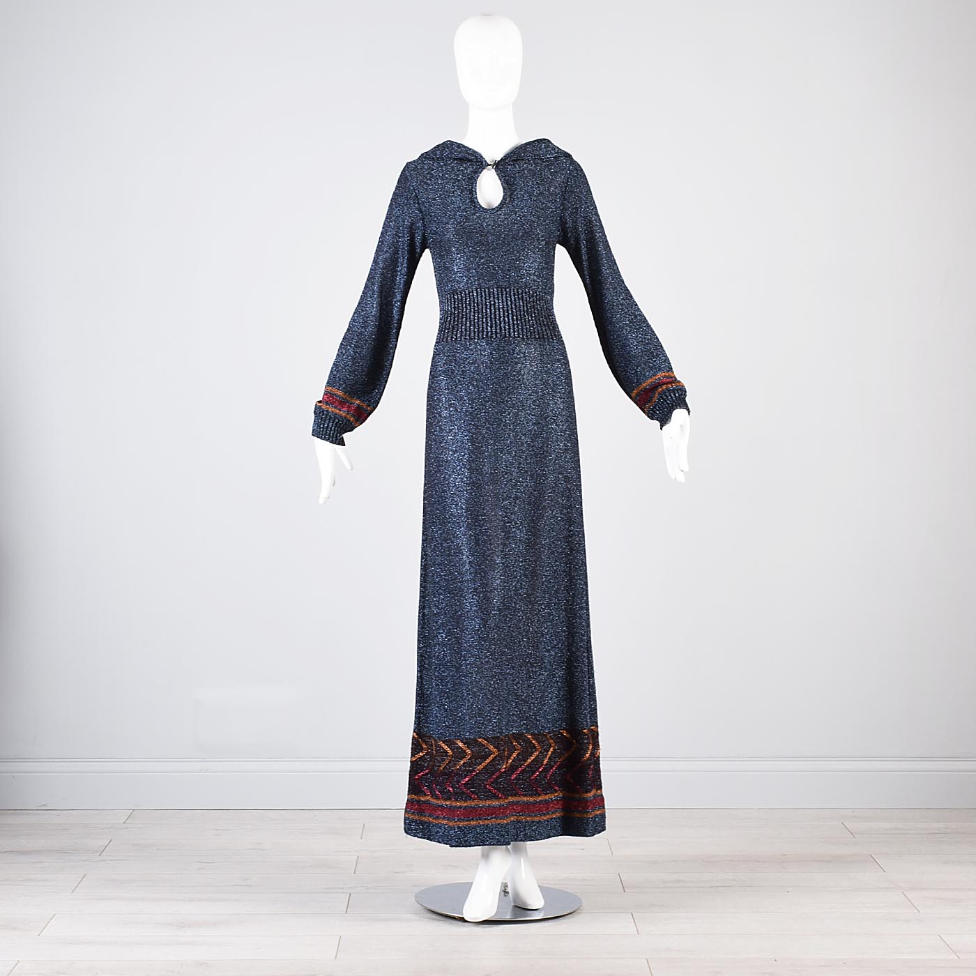 1970s Iconic Hooded Maxi Dress in Metallic Blue Knit