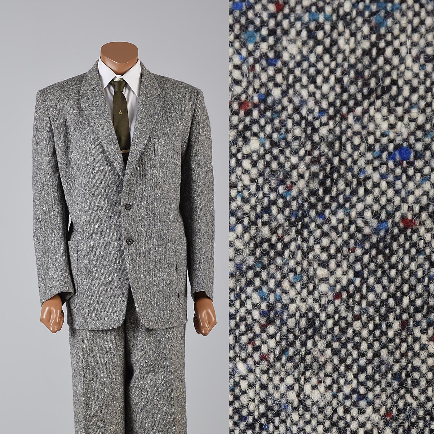 1950s Men's Multicolored Fleck Wool Tweed Two Piece Suit with Hollywood Waist Pants