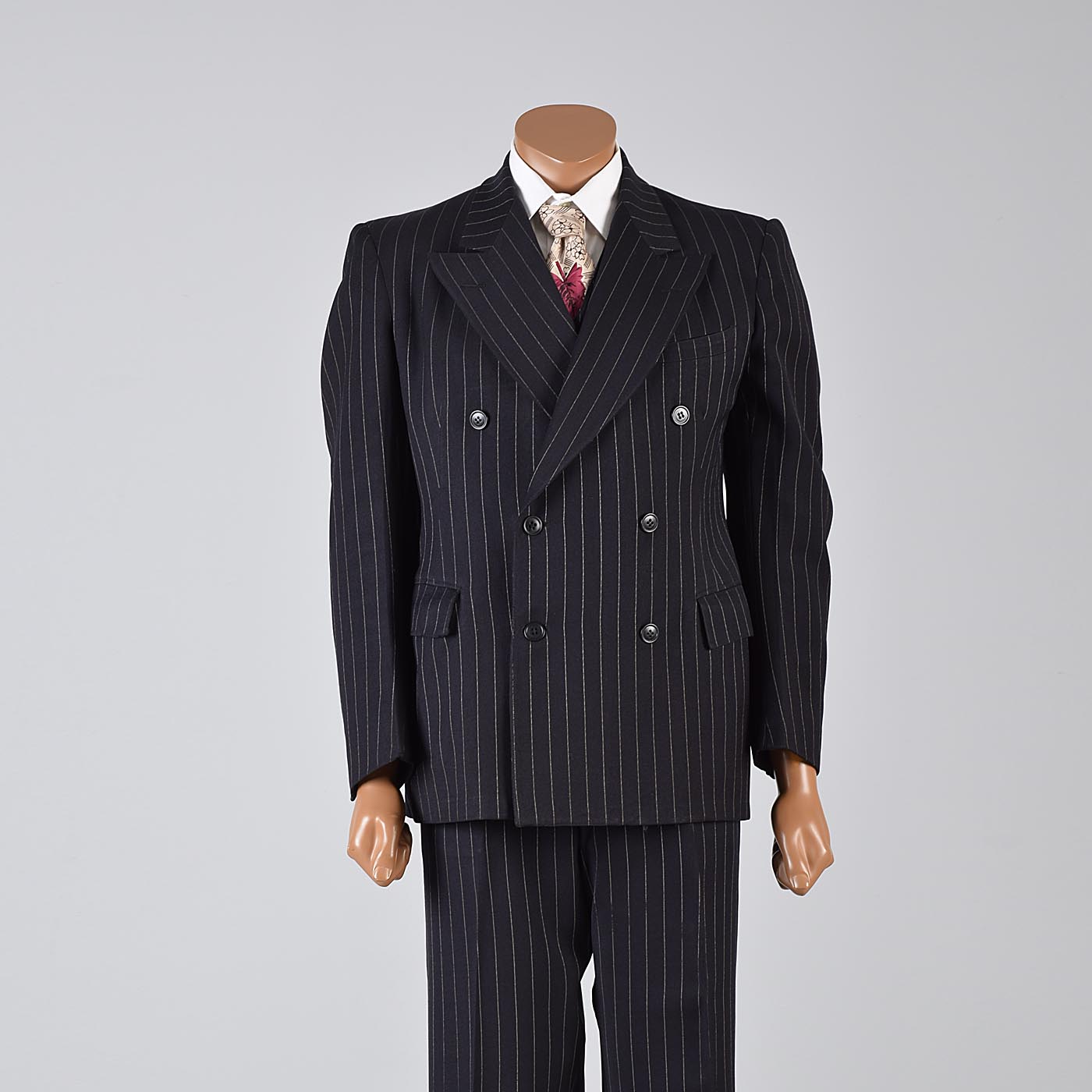 1940s Men's Four Piece Black Pinstripe Suit Double Breasted & Button Fly