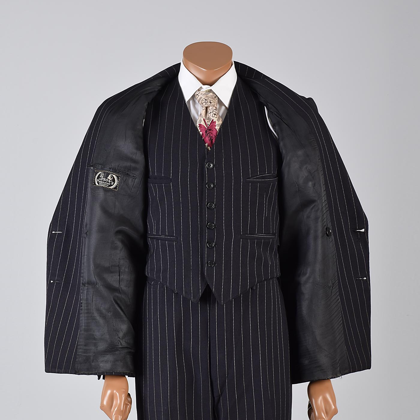 1940s Men's Four Piece Black Pinstripe Suit Double Breasted & Button Fly