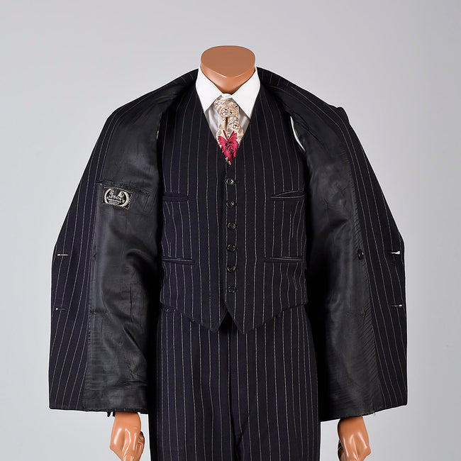 1940s Men's Four Piece Black Pinstripe Suit Double Breasted & Button Fly