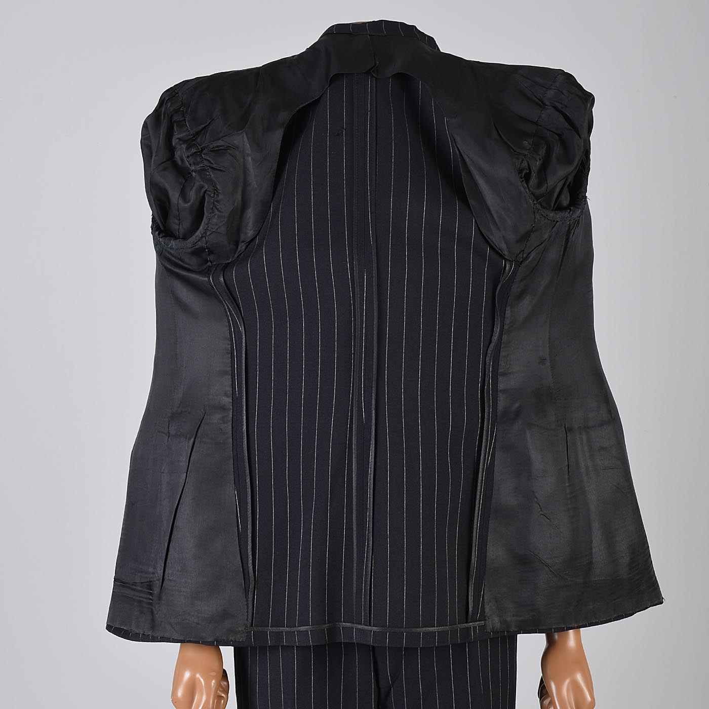 1940s Men's Four Piece Black Pinstripe Suit Double Breasted & Button Fly