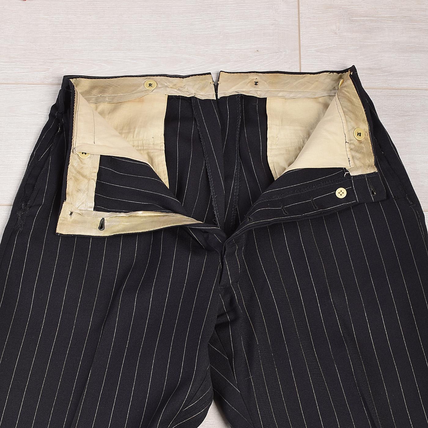 1940s Men's Four Piece Black Pinstripe Suit Double Breasted & Button Fly