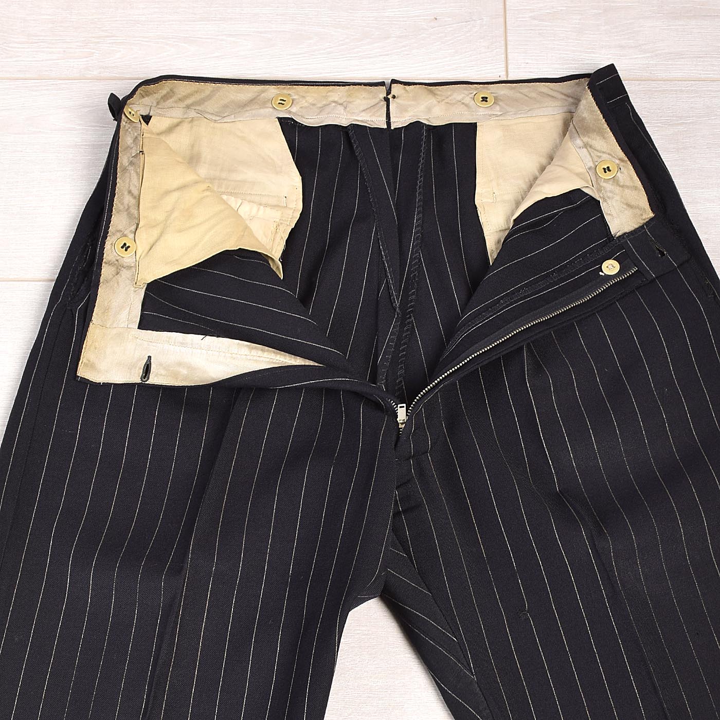 1940s Men's Four Piece Black Pinstripe Suit Double Breasted & Button Fly