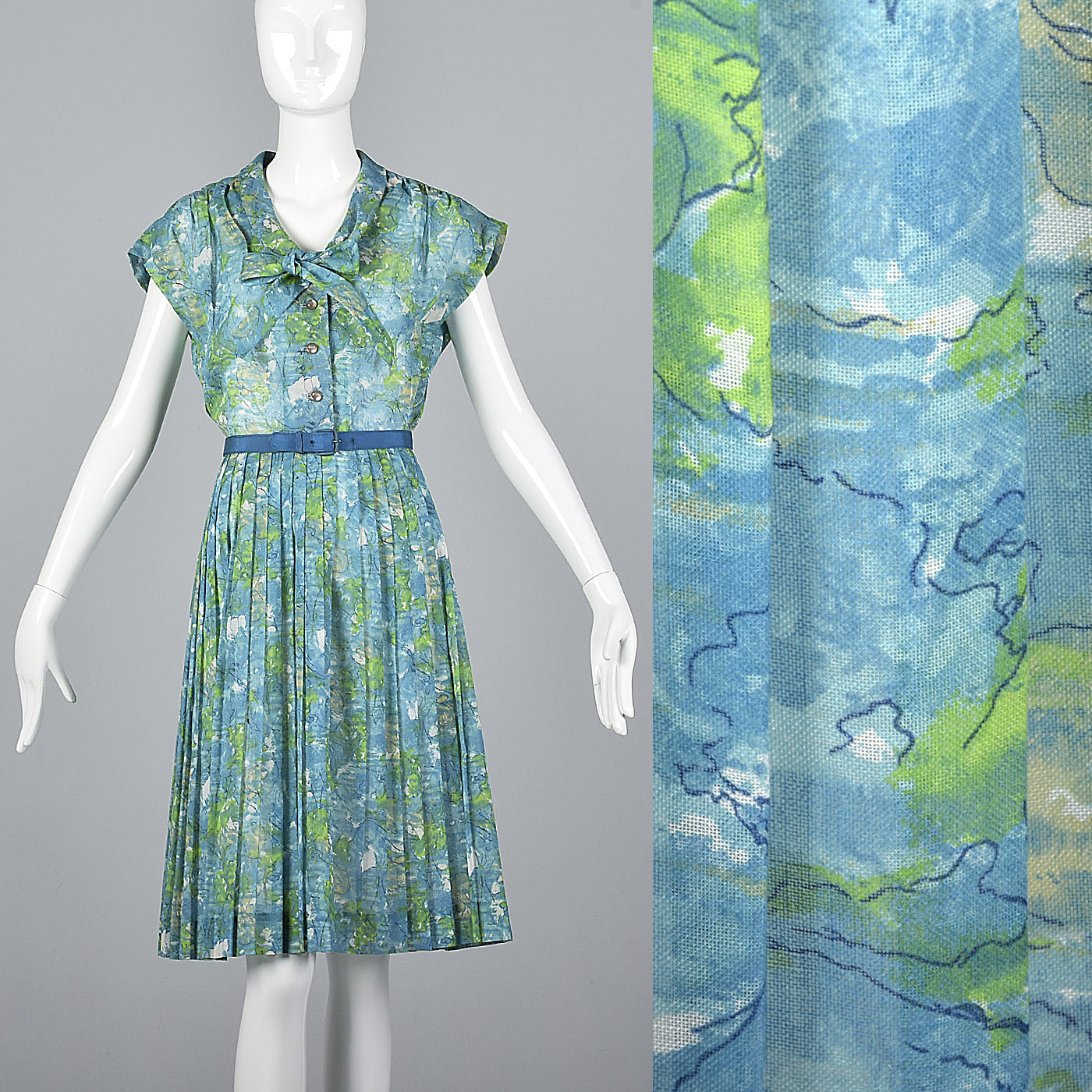 1950s Blue Floral Print Dress with Pleated Skirt