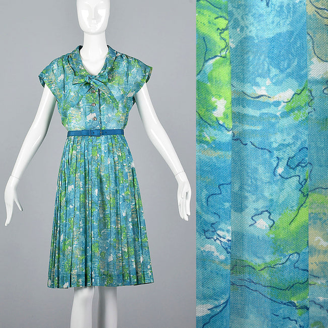 1950s Blue Floral Print Dress with Pleated Skirt