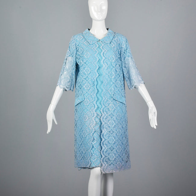 1960s Baby Blue Two Piece Set with Lace Trim