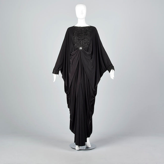 Extraordinary 1970s Black Jersey Cocoon Dress with Incredible Draping