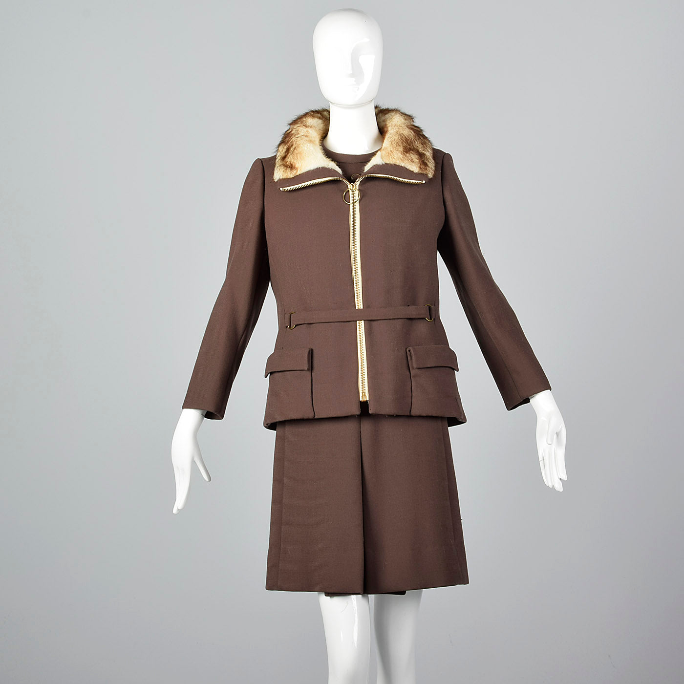 1960s Brown Wool Dress with Muskrat Fur Lined Jacket