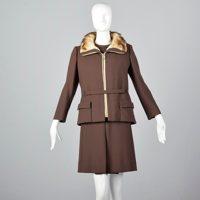 1960s Brown Wool Dress with Muskrat Fur Lined Jacket