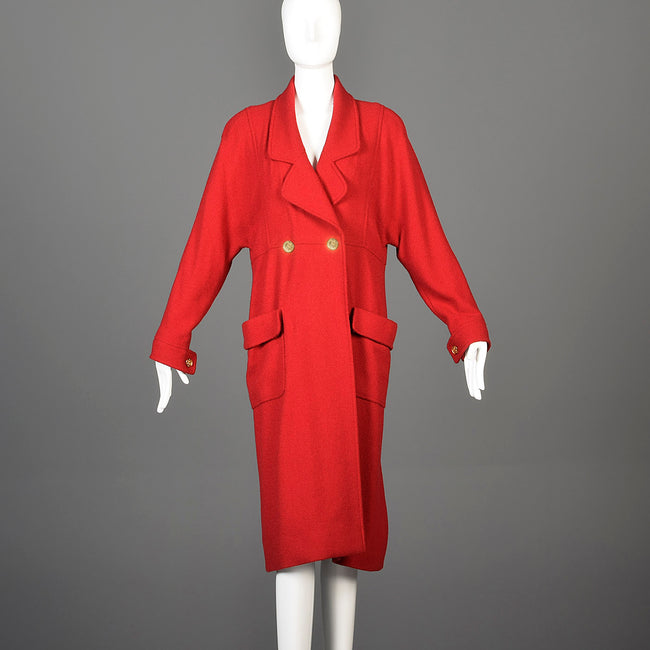 1980s Chanel Boutique Bright Red Silk & Wool Coat