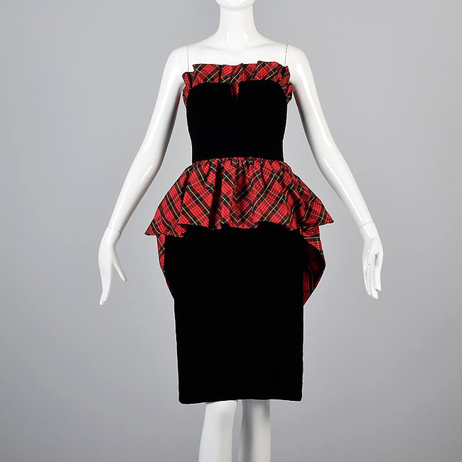 Victor Costa Black Velvet Pencil Dress with Red Tartan Plaid Peplum