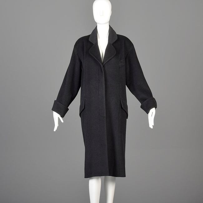 1980s Chanel Boutique Black Cashmere Coat with Gold Logo Gold Buttons