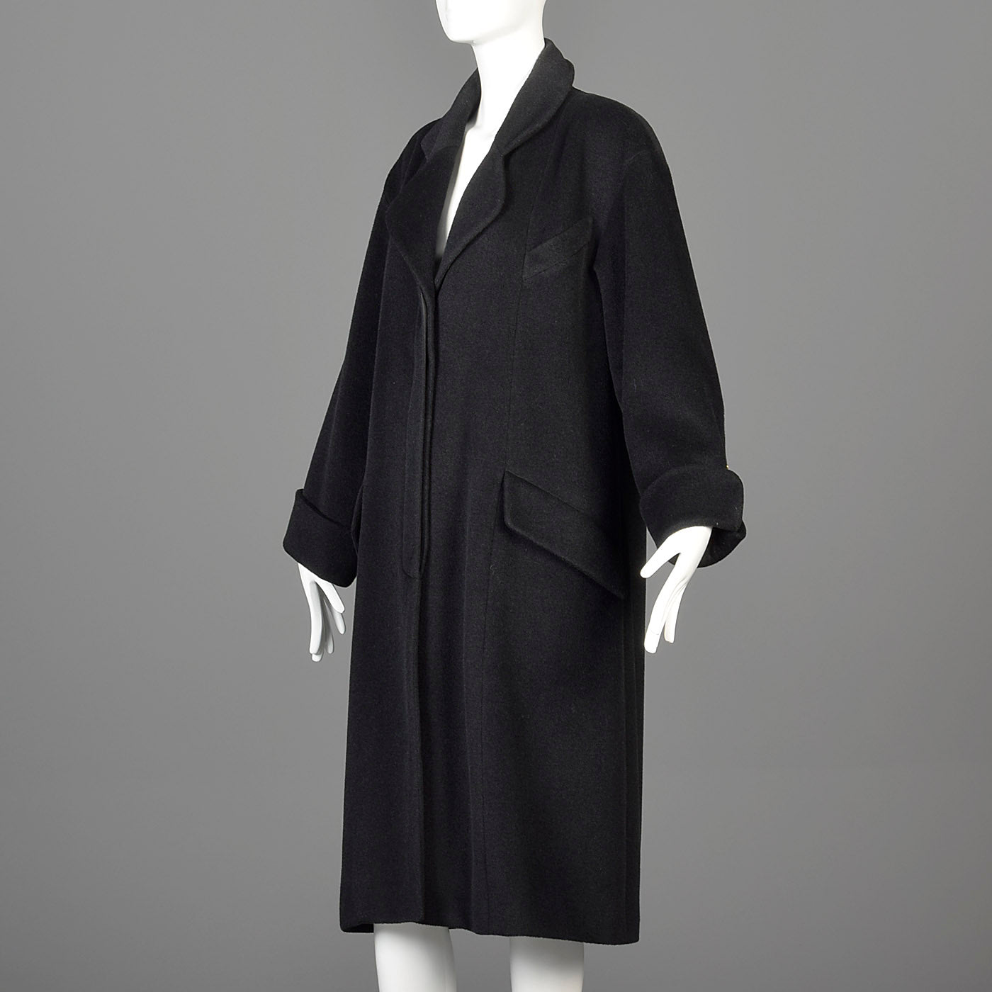 1980s Chanel Boutique Black Cashmere Coat with Gold Logo Gold Buttons