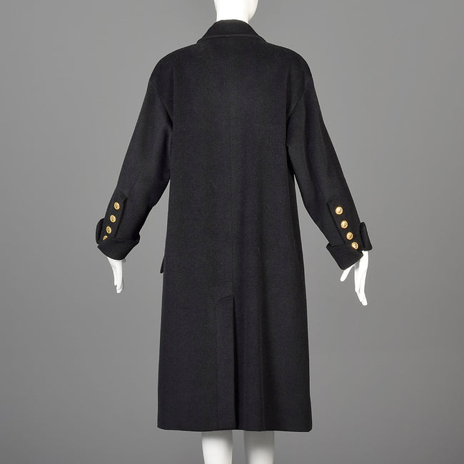 1980s Chanel Boutique Black Cashmere Coat with Gold Logo Gold Buttons