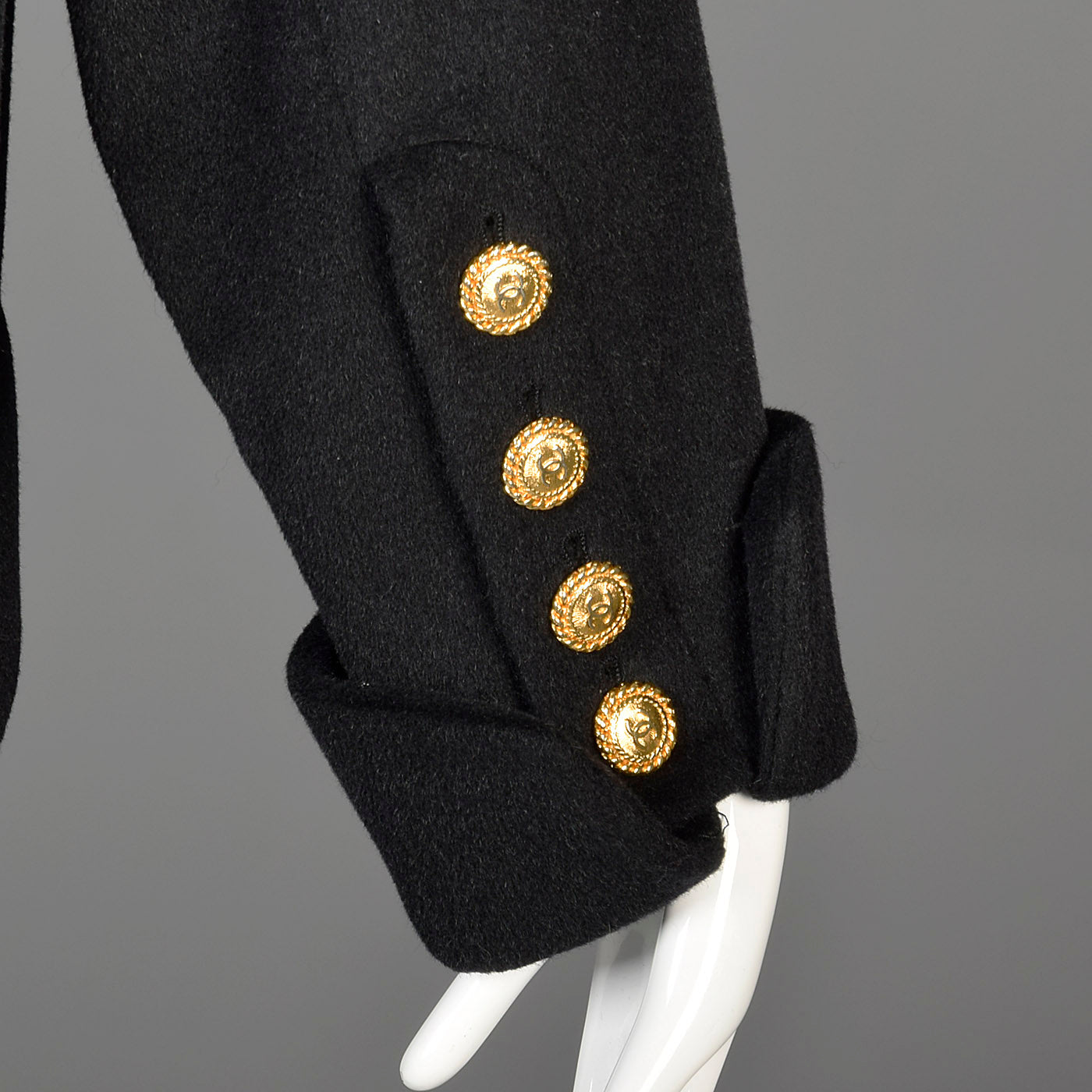 1980s Chanel Boutique Black Cashmere Coat with Gold Logo Gold Buttons