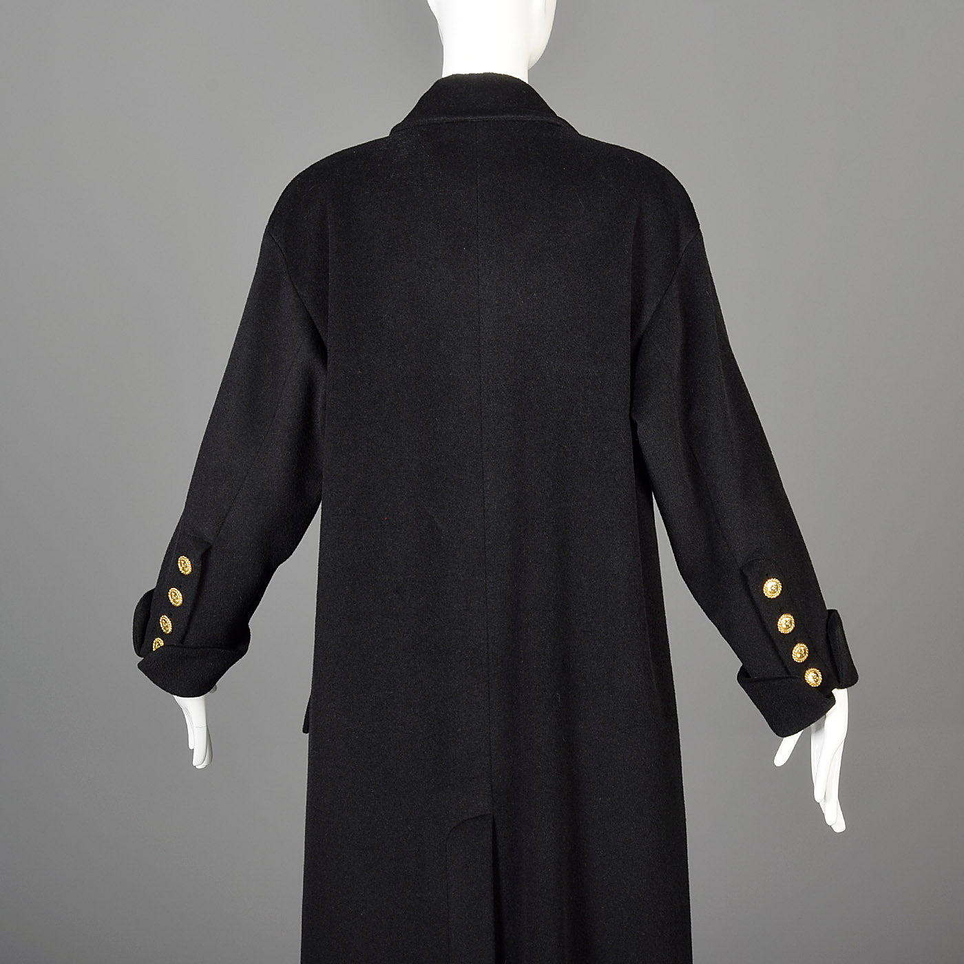 1980s Chanel Boutique Black Cashmere Coat with Gold Logo Gold Buttons