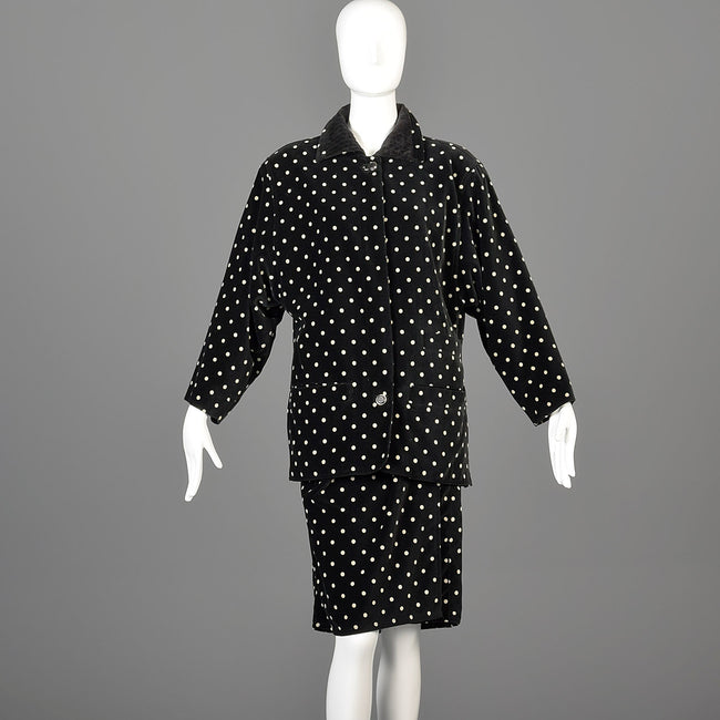 1980s Gianni Versace Skirt Oversized Blazer & Wrap Skirt in Black Velvet with White Polkadots