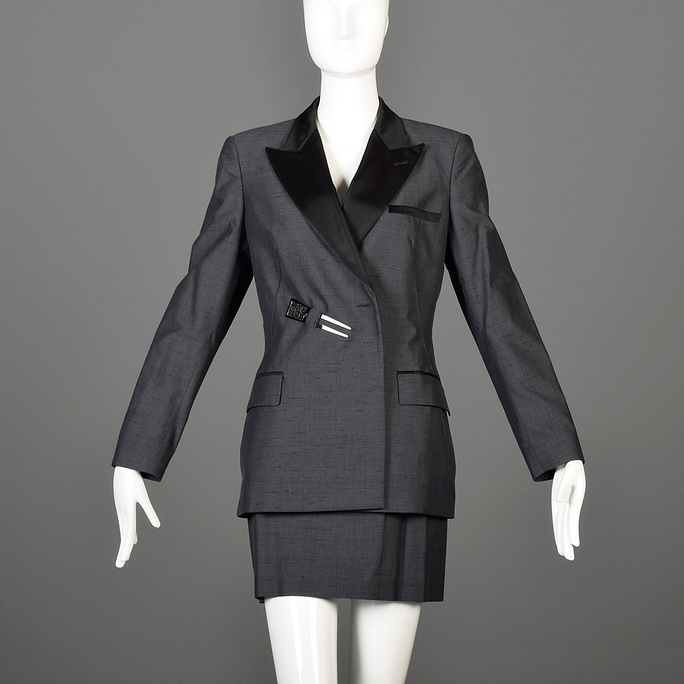 1990s Jean Paul Gaultier Classique Black Mini Skirt Suit with a Tuxedo Style Jacket
