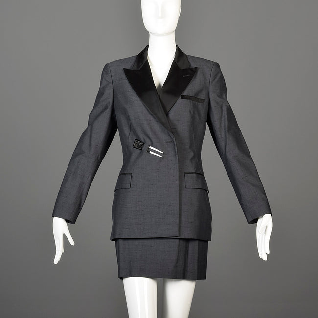 1990s Jean Paul Gaultier Classique Black Mini Skirt Suit with a Tuxedo Style Jacket