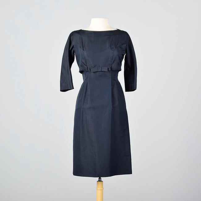 1950s Navy Blue Silk Dress with Mother of Pearl Buttons